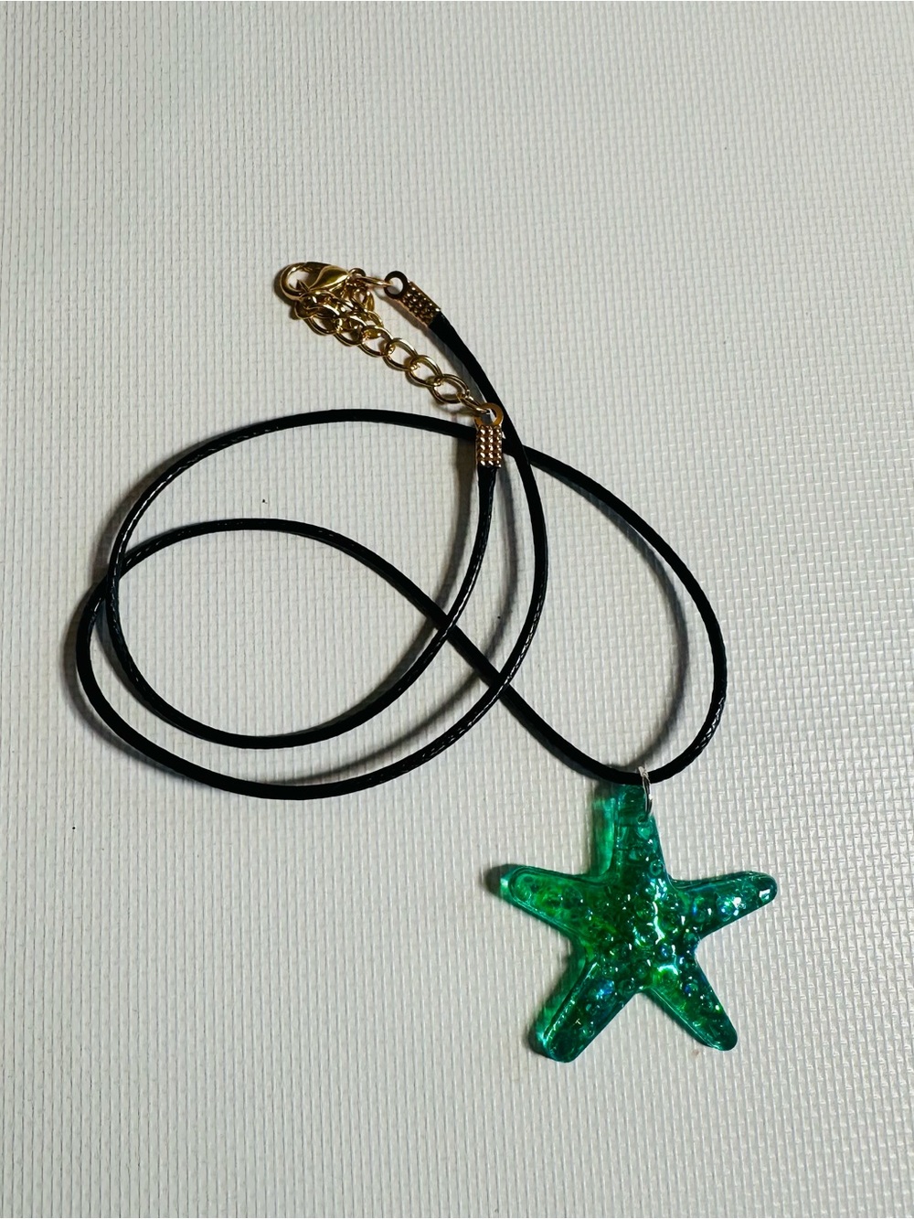 Resin Green Starfish Pendant Necklace with Black Cord
